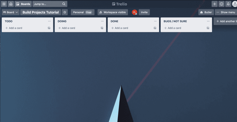 Trello kanban board with 4 columns todo, doing, done and bugs.