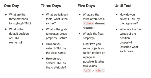 Notion layout of my spaced repition plan. I have a four box system with 1 day, 3 days, 5 days and until test.