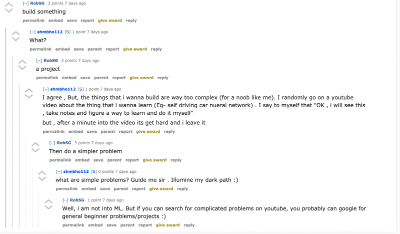 reddit conversation with beginner asking how to actually build something